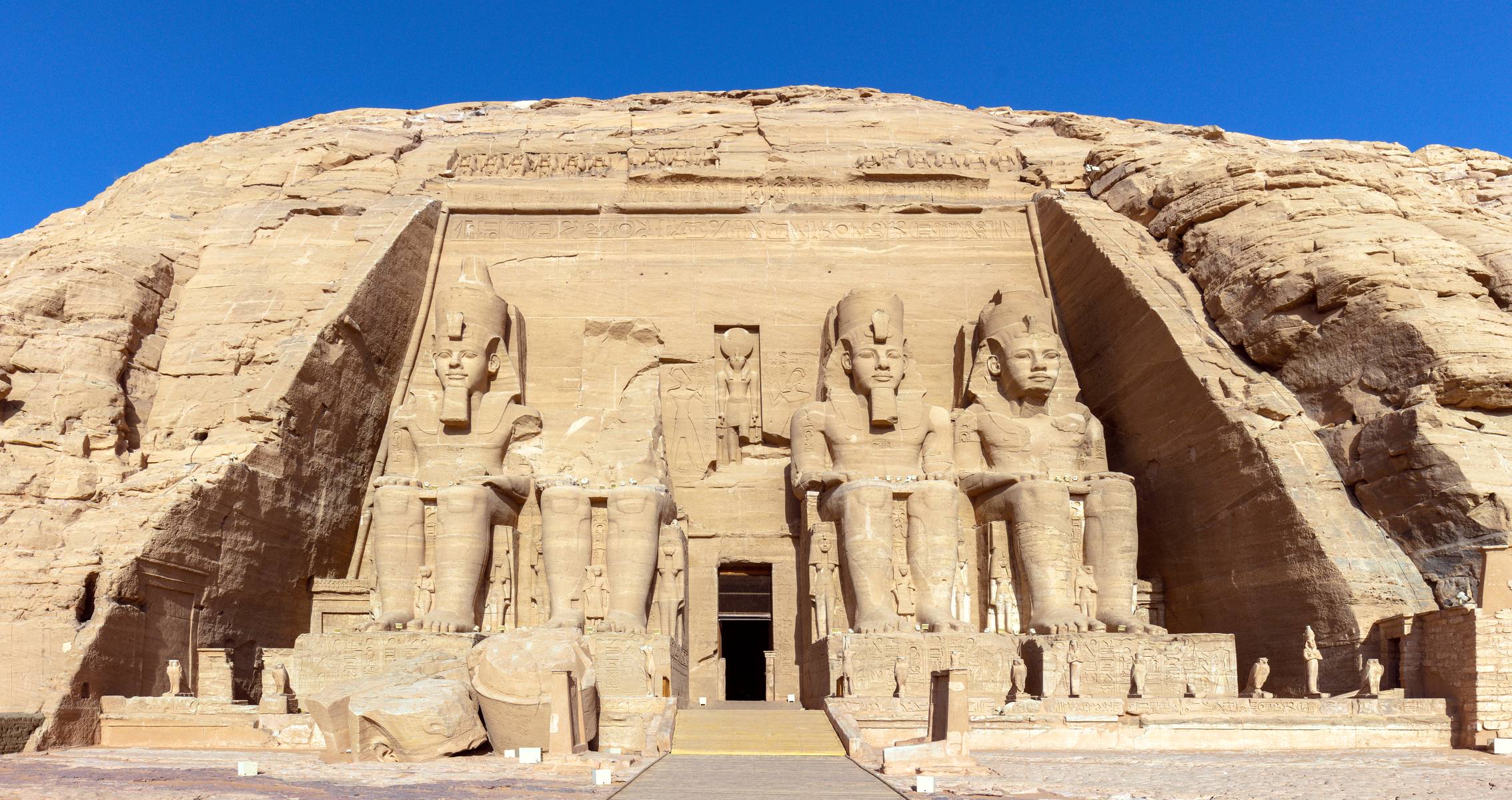 The Great Temple of Ramesses II set into its relocated hill above Lake Nasser