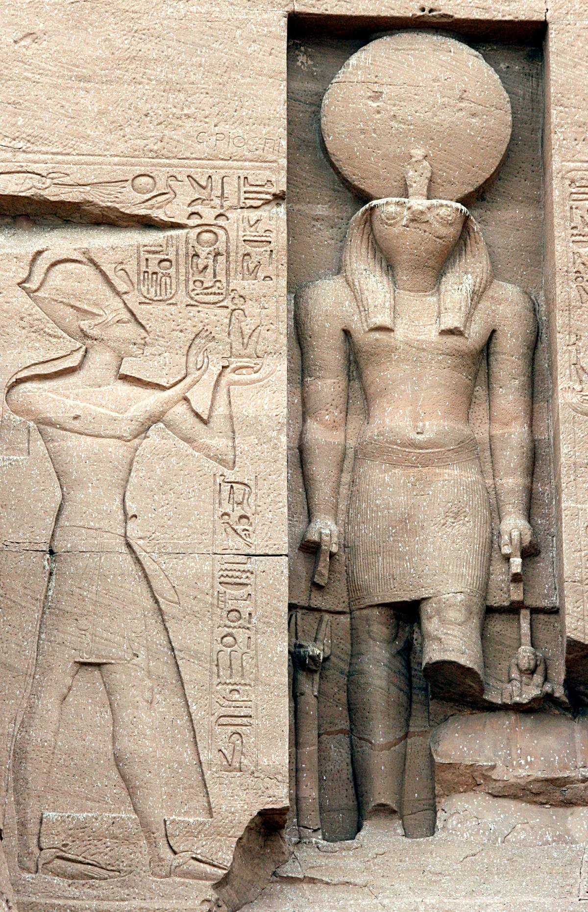 The falcon-headed Ra-Horakhty in his niche above the Great Temple entrance