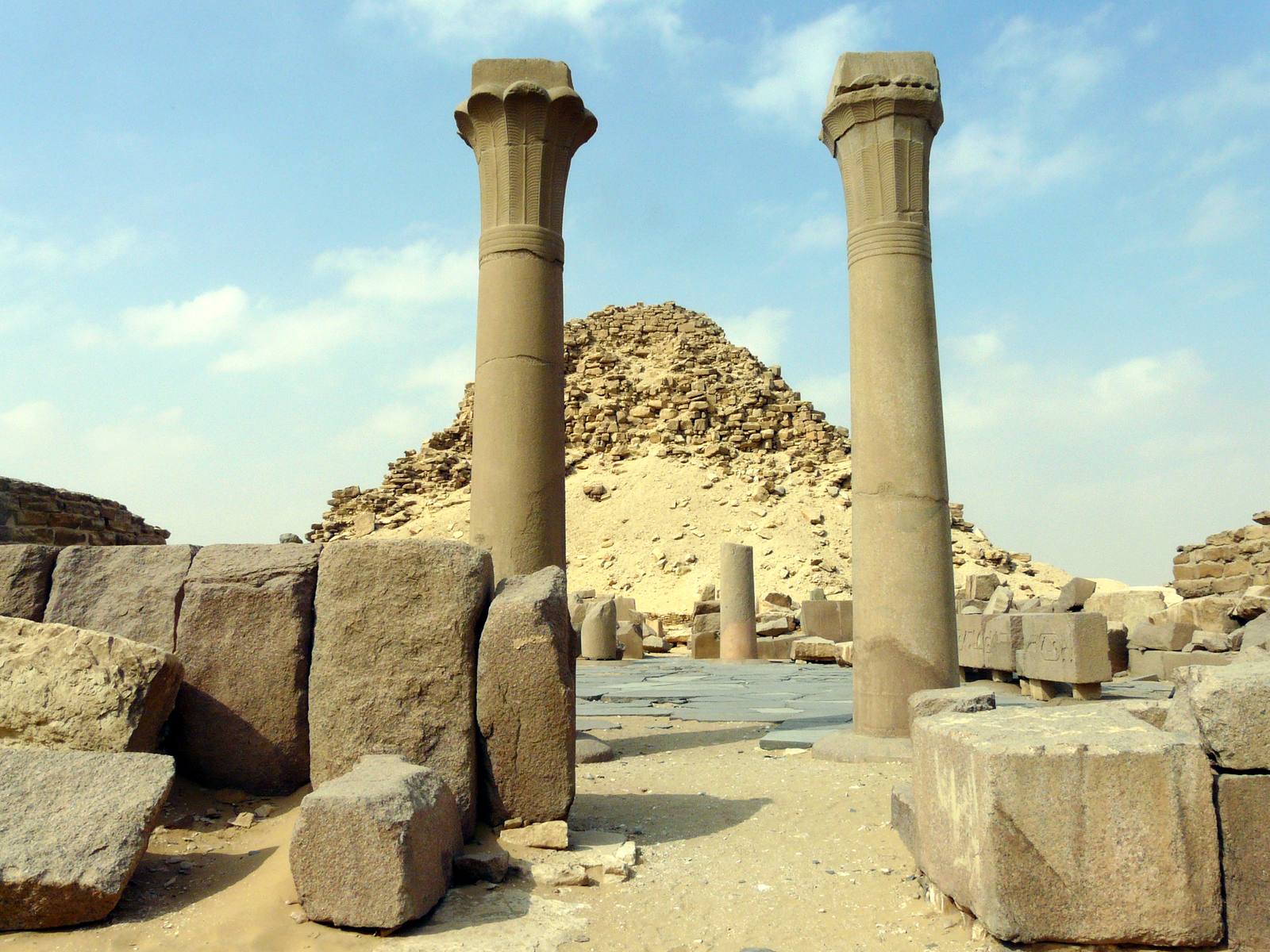 Granite palm columns in the temple of Sahure at Abusir