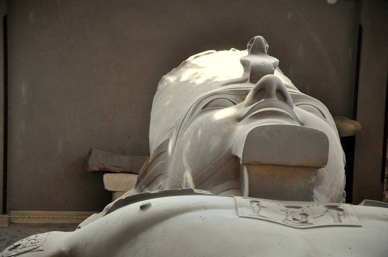 The crowned head of the fallen colossus of Ramesses II at Memphis