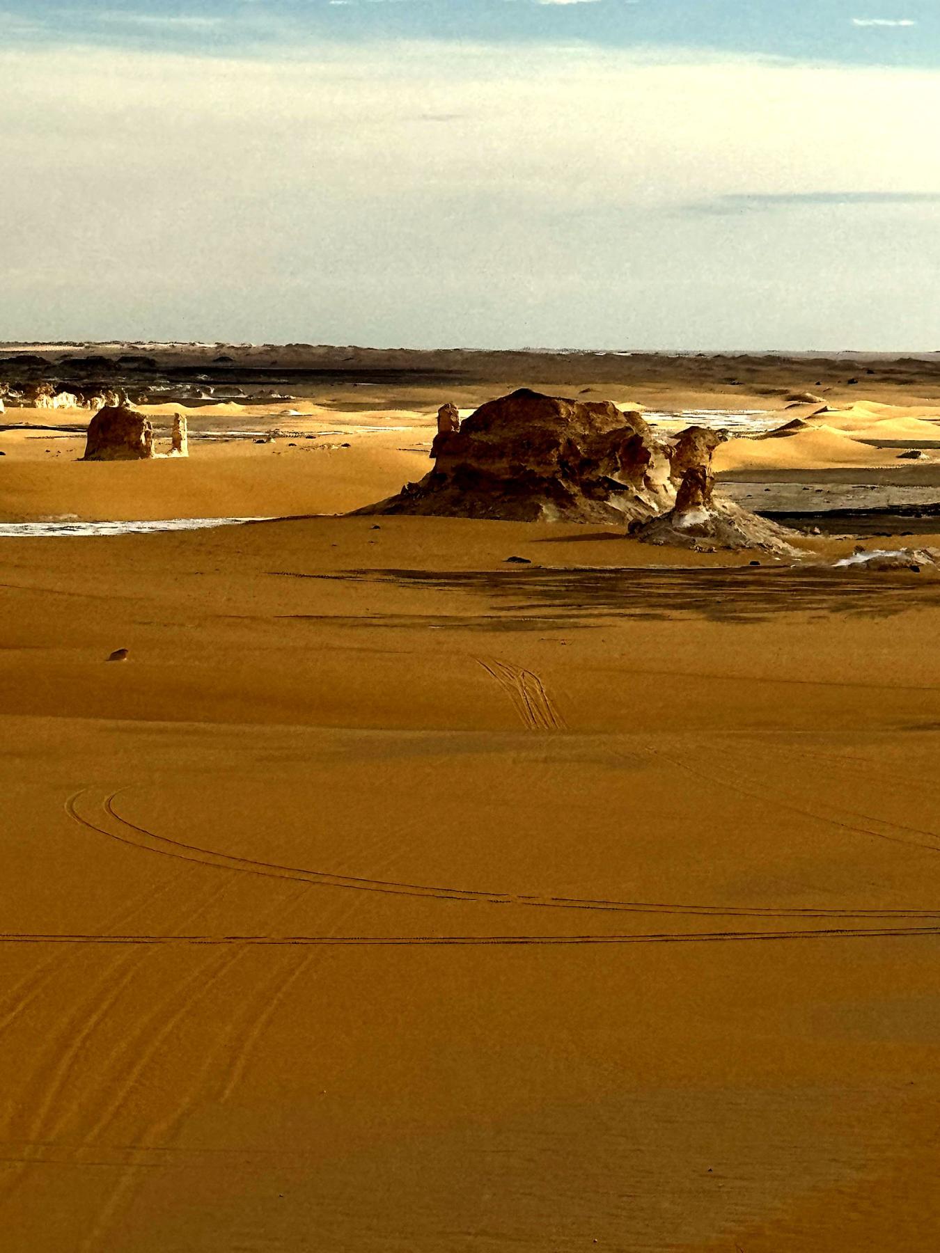 Vast golden sand stretching to the horizon in Egypt's Western Desert