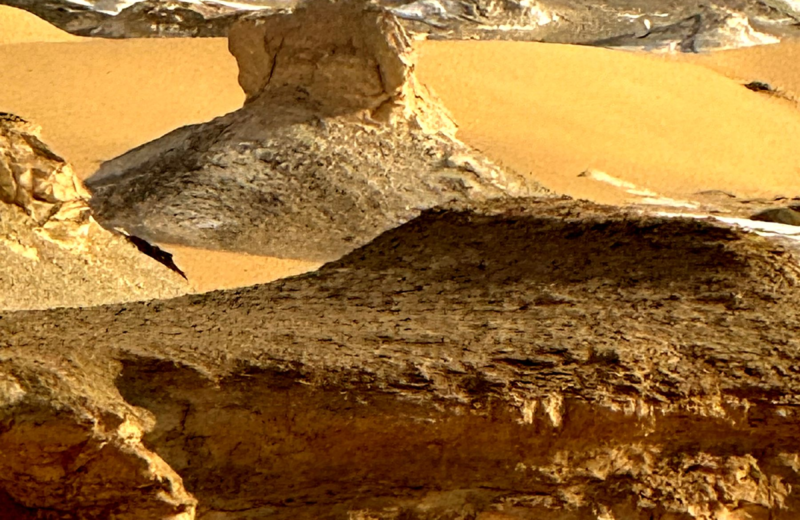 Golden chalk formations of Egypt's White Desert glowing in late light